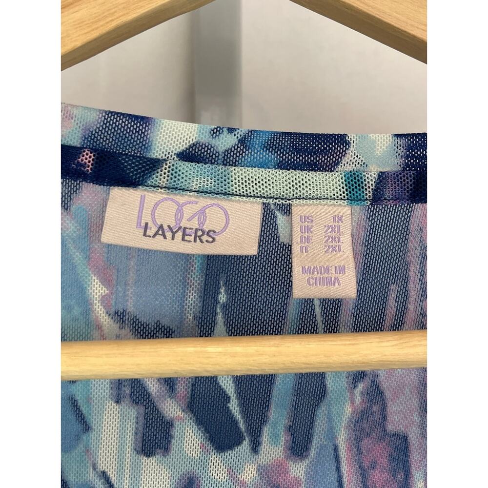 LOGO Size 1X Plus Lori Goldstein Printed 3/4 Sleeve Sheer Mesh Top Twilight Blue - Picture 4 of 6
